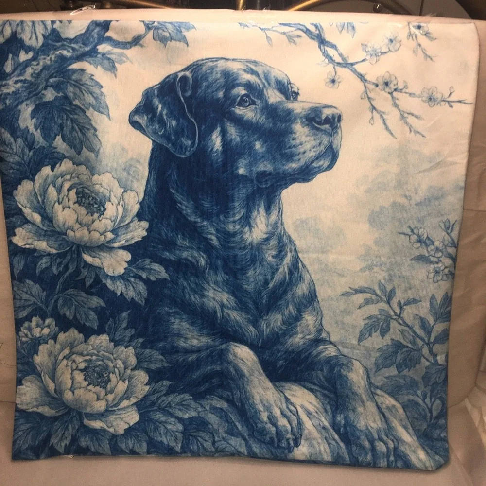Rottweiler Toile Blue and White Throw Pillow Cover 18
